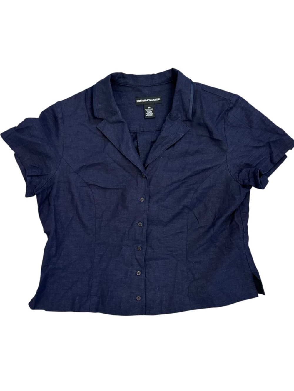 Norton McNaughton Linen Top Button Down Short Sleeve Navy Blue Business 14 XL